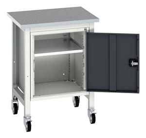 verso mobile workstand with cupboard & lino top. WxDxH: 700x600x930mm. RAL 7035/5010 or selected Verso Mobile Work Benches for assembly and production